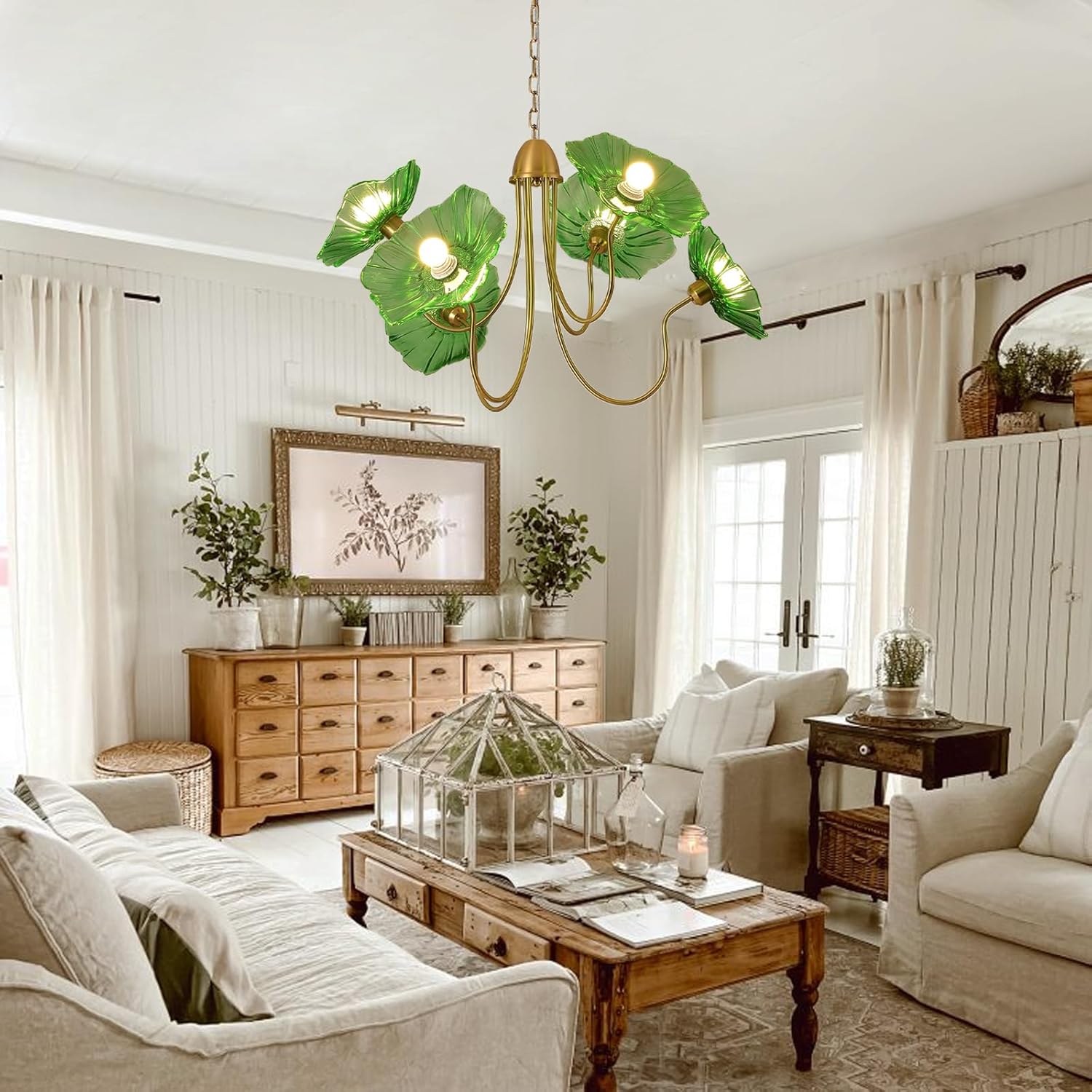 6-Light Green Lotus Leaf Glass Chandelier – Luxury Brass Pendant Light