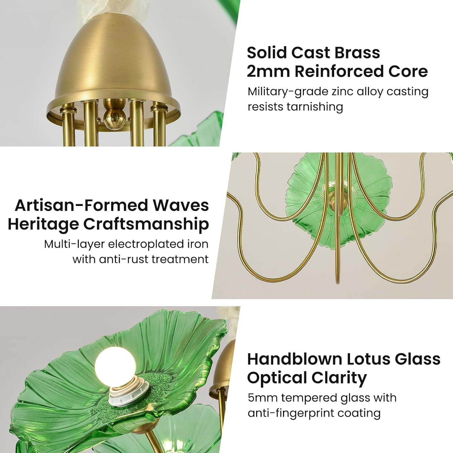 6-Light Green Lotus Leaf Glass Chandelier – Luxury Brass Pendant Light