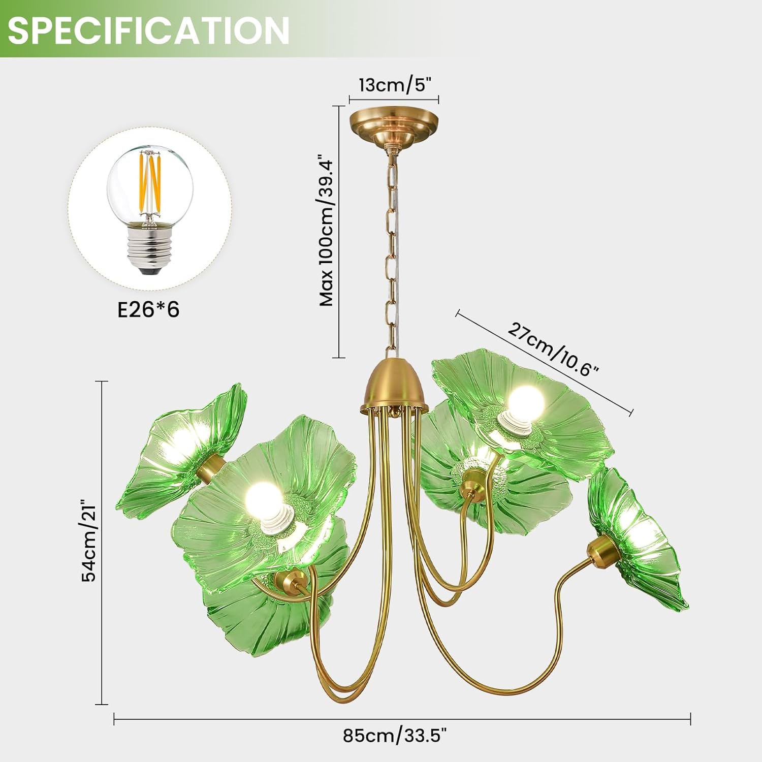 6-Light Green Lotus Leaf Glass Chandelier – Luxury Brass Pendant Light