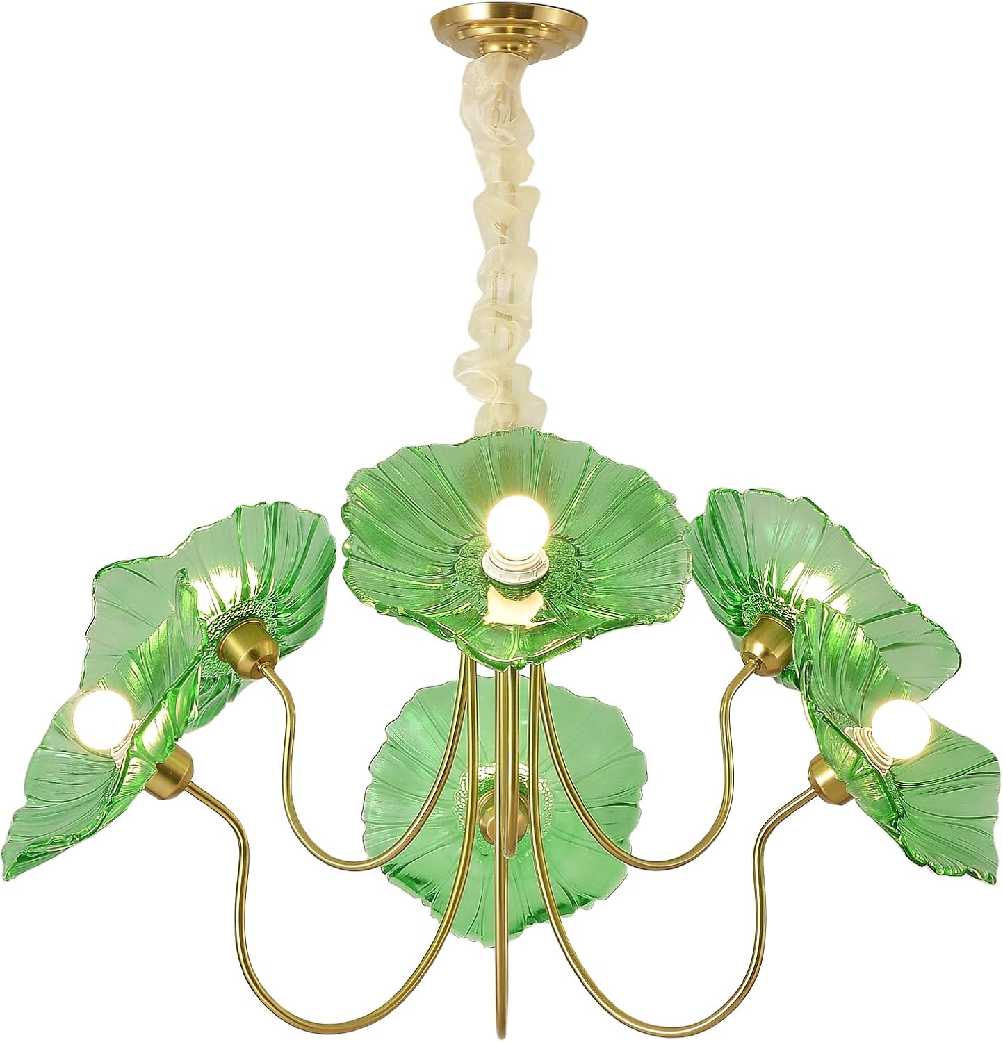 6-Light Green Lotus Leaf Glass Chandelier – Luxury Brass Pendant Light