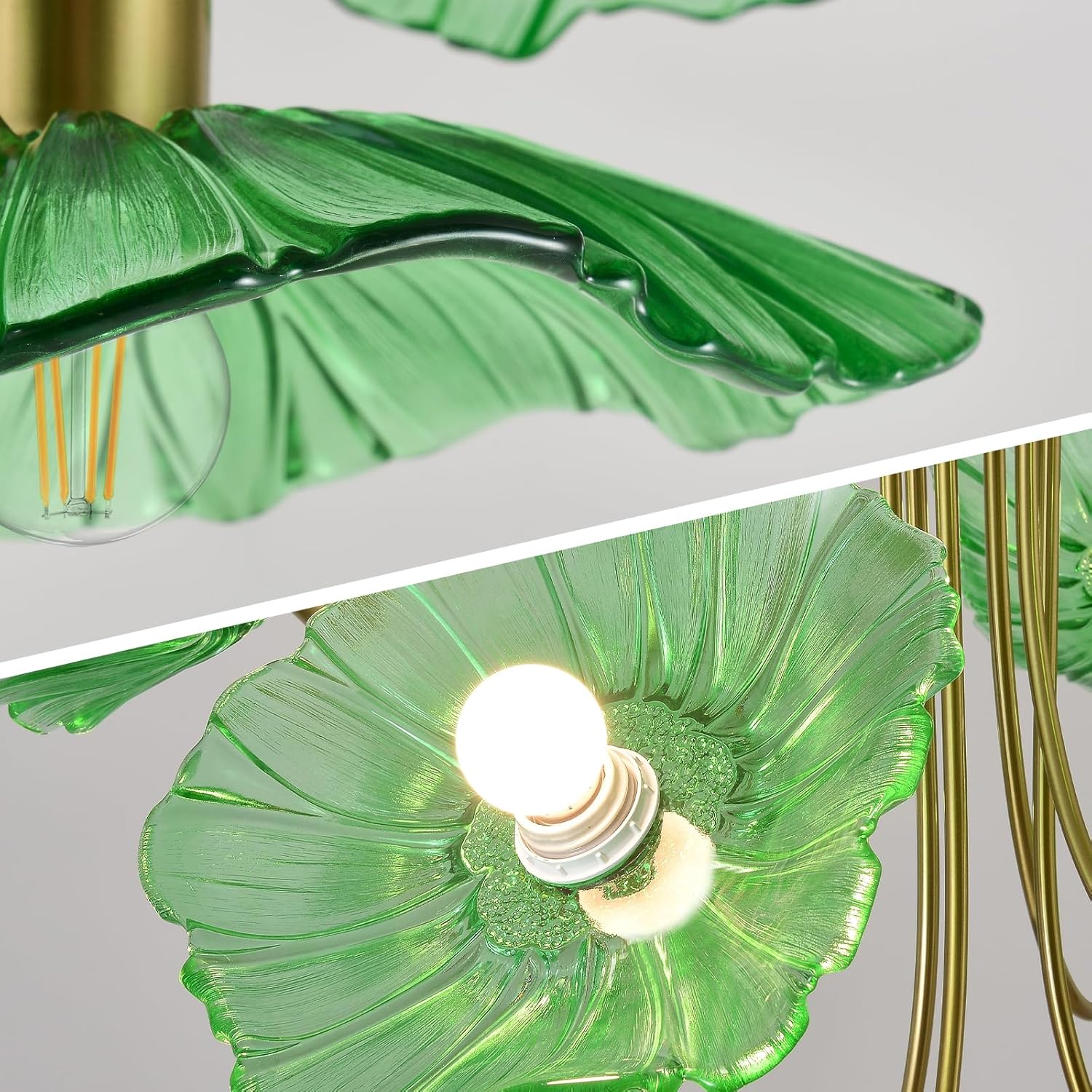 6-Light Green Lotus Leaf Glass Chandelier – Luxury Brass Pendant Light