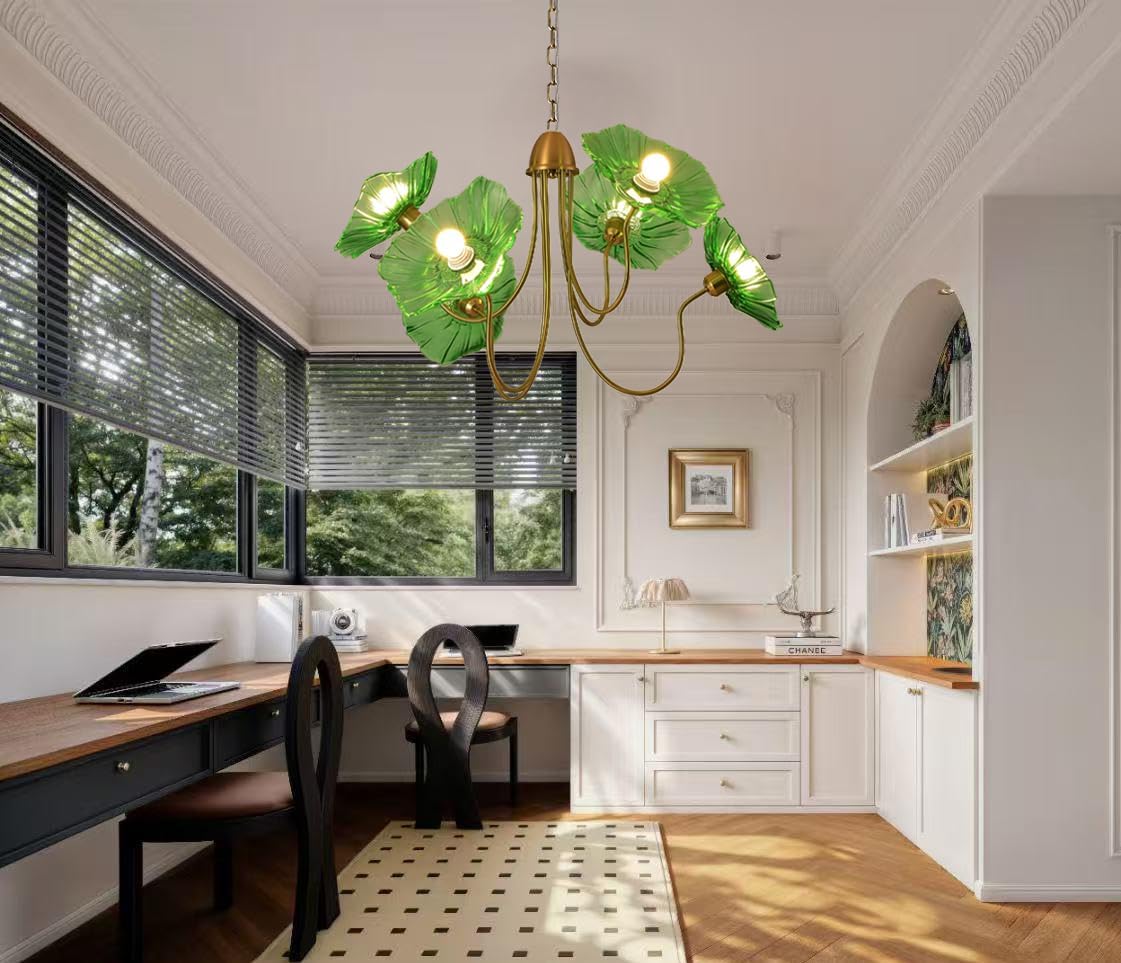 6-Light Green Lotus Leaf Glass Chandelier – Luxury Brass Pendant Light
