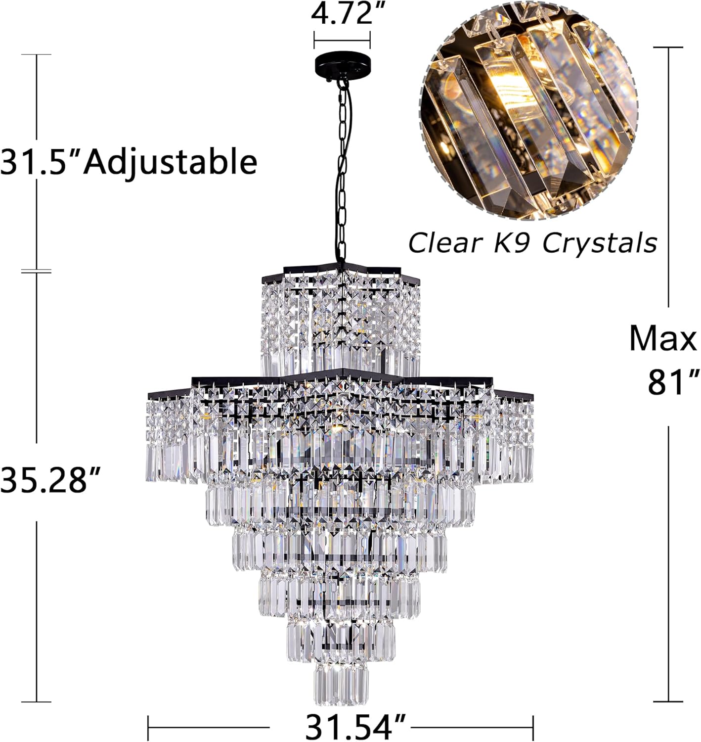 Modern 10-Tier Rectangular Crystal Chandelier - 31.5