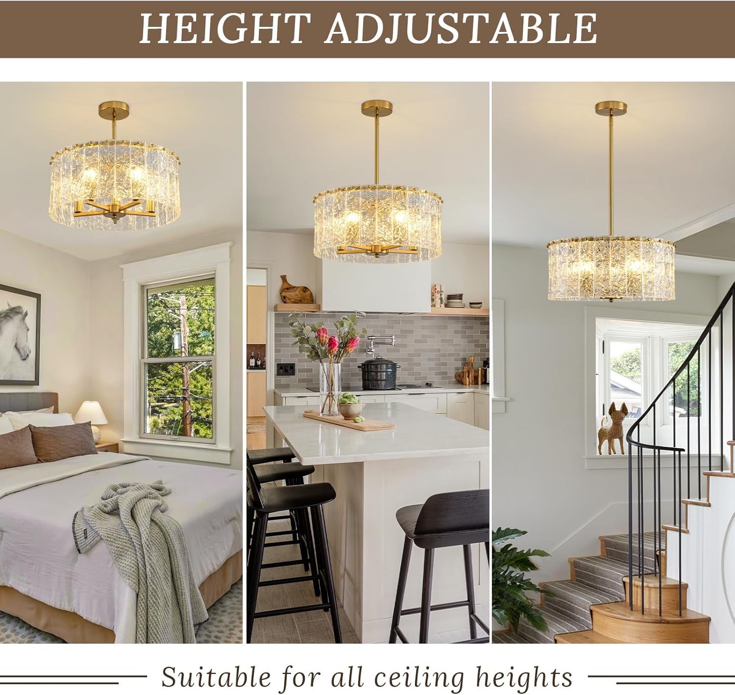 Luxury Gold Crystal Ceiling Pendant Light – Adjustable Height, 5-Light LED Dimmable K9 Crystal Chandelier