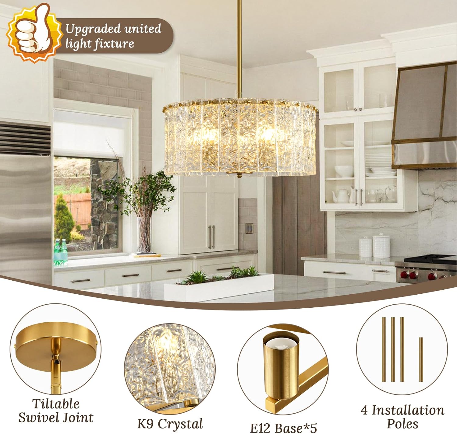 Luxury Gold Crystal Ceiling Pendant Light – Adjustable Height, 5-Light LED Dimmable K9 Crystal Chandelier