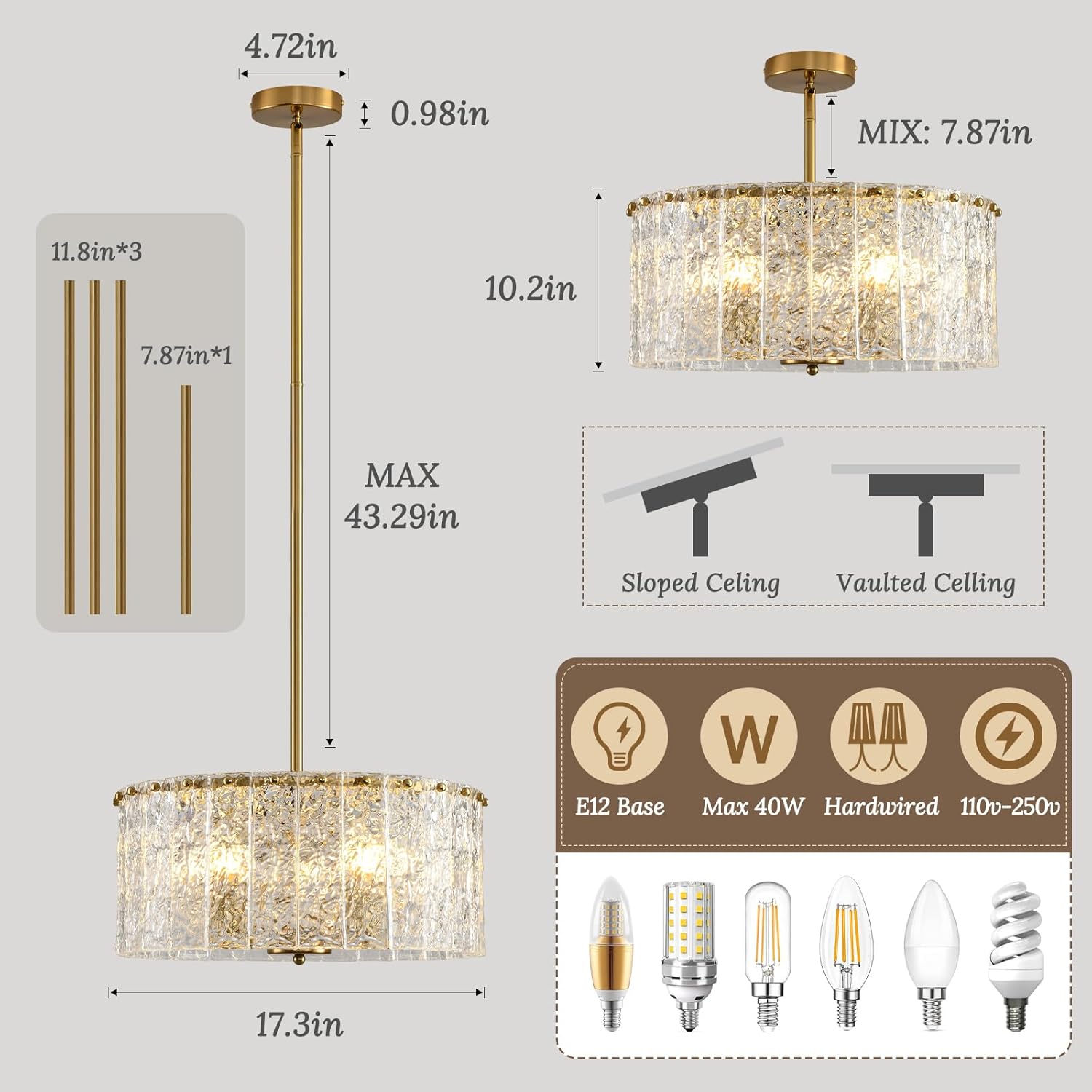 Luxury Gold Crystal Ceiling Pendant Light – Adjustable Height, 5-Light LED Dimmable K9 Crystal Chandelier