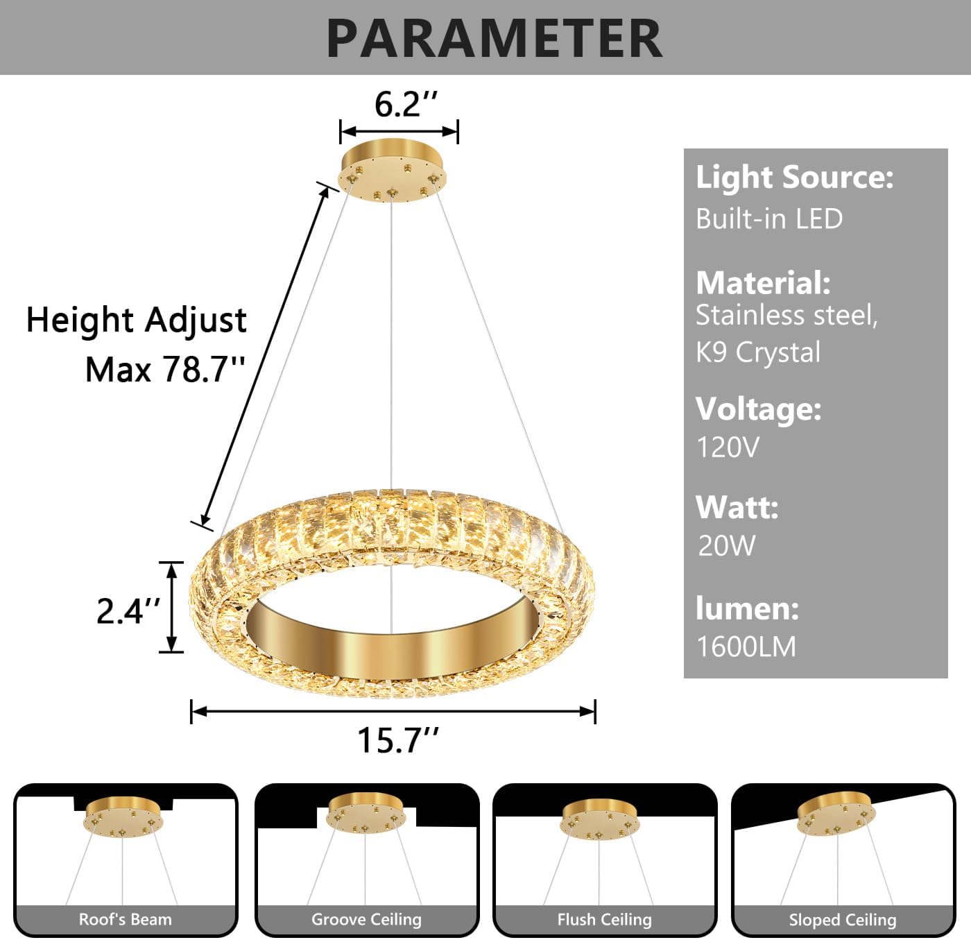 Modern Gold Crystal Ring LED Pendant Light Adjustable Round Chandelier 15.7