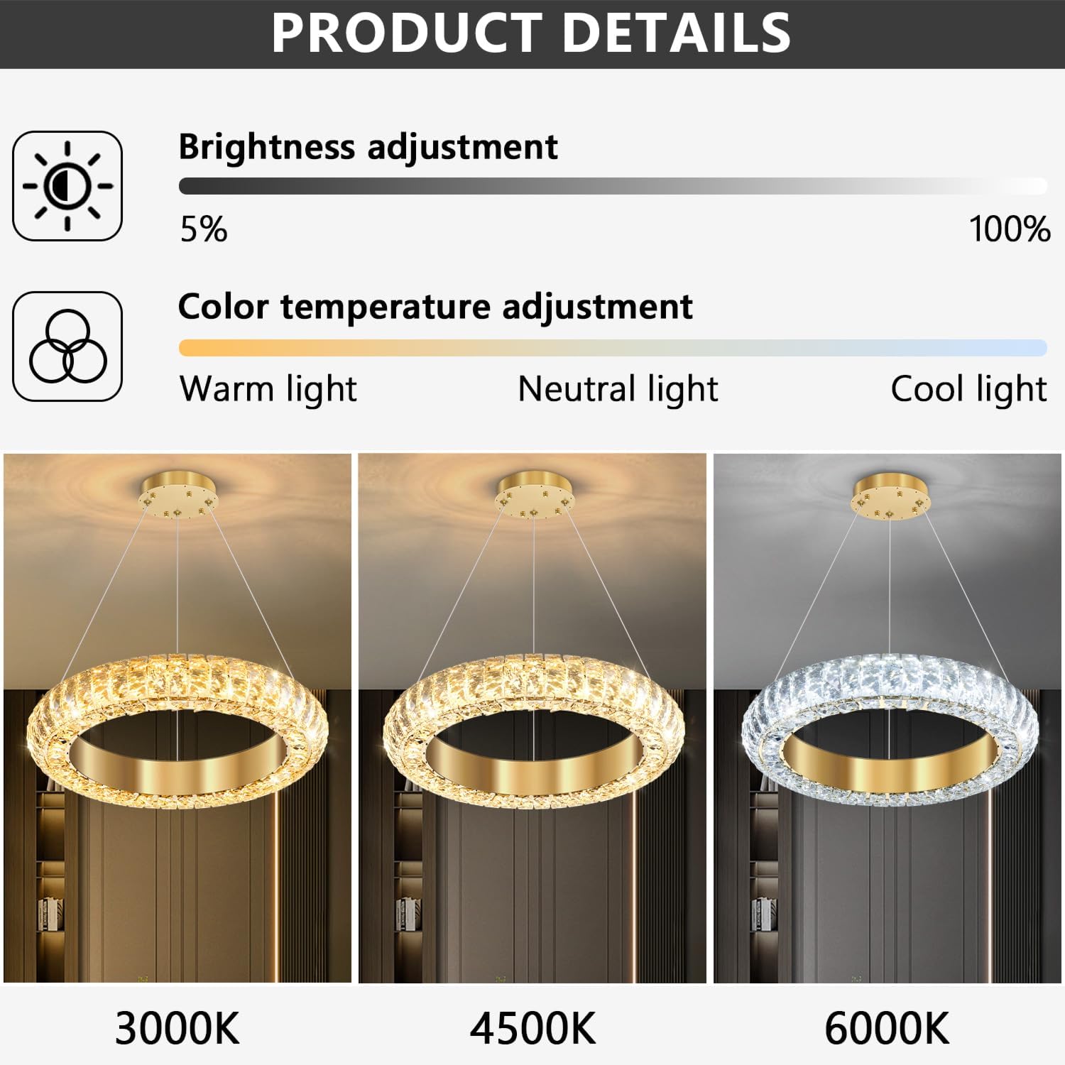 Modern Gold Crystal Ring LED Pendant Light Adjustable Round Chandelier 15.7
