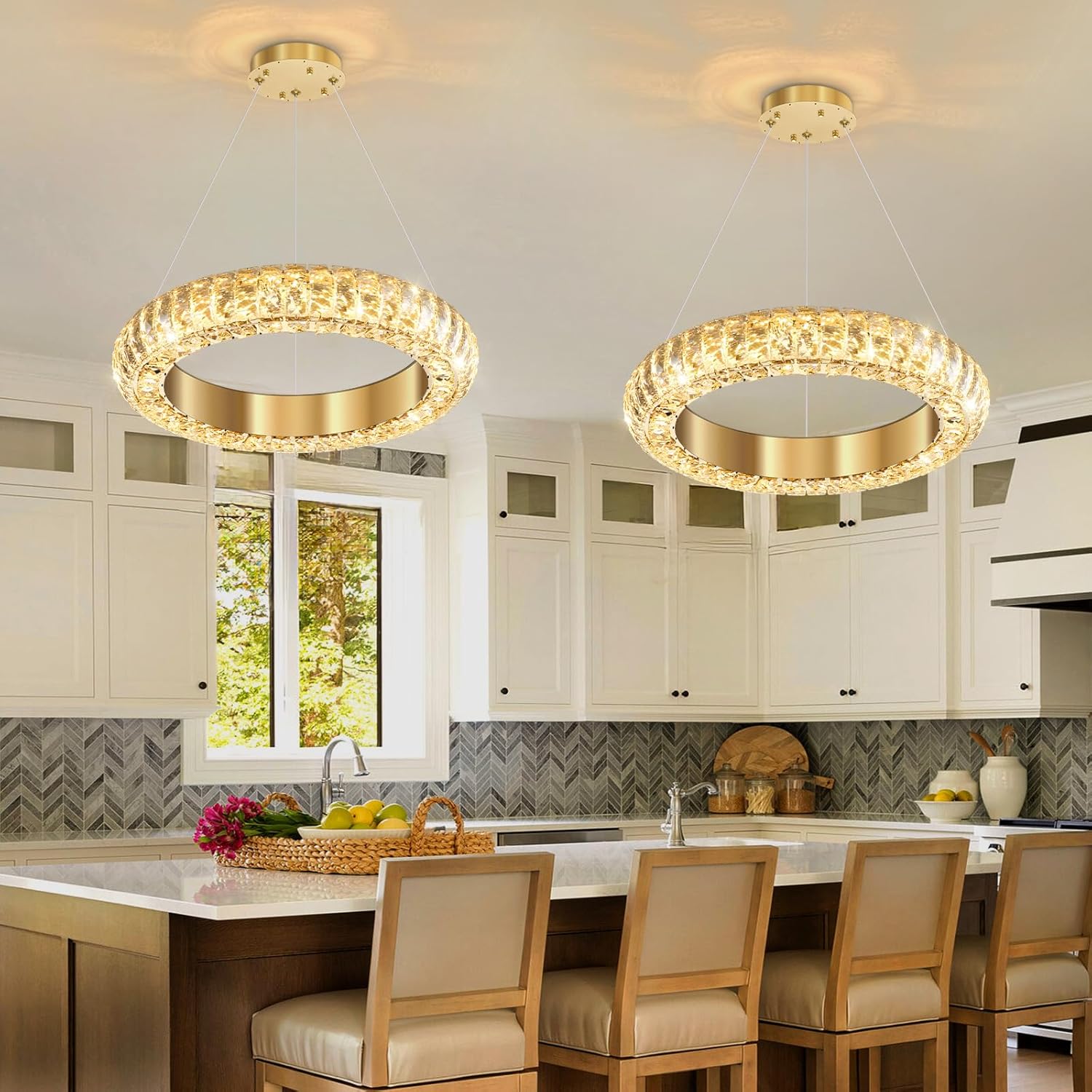 Modern Gold Crystal Ring LED Pendant Light Adjustable Round Chandelier 15.7