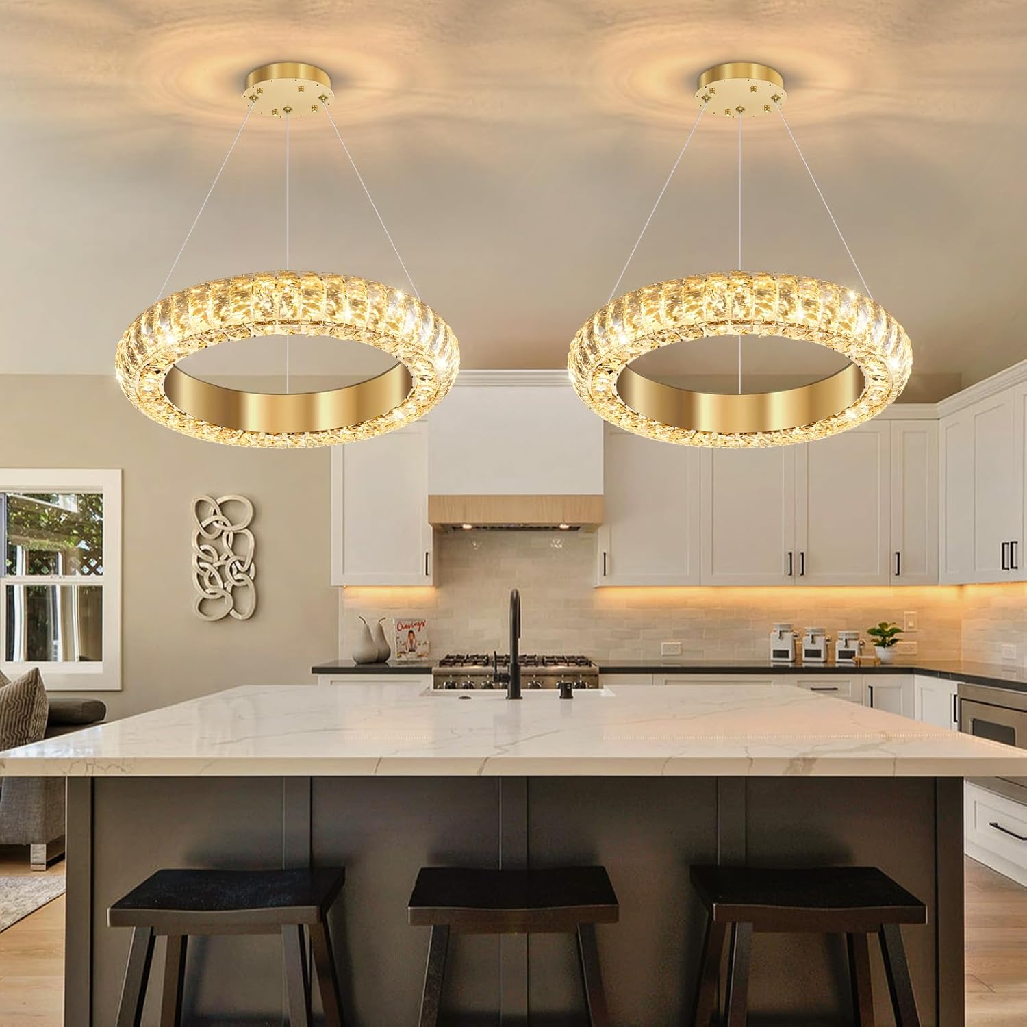 Modern Gold Crystal Ring LED Pendant Light Adjustable Round Chandelier 15.7