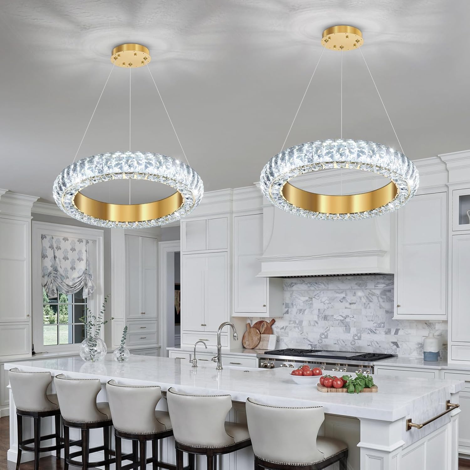 Modern Gold Crystal Ring LED Pendant Light Adjustable Round Chandelier 15.7