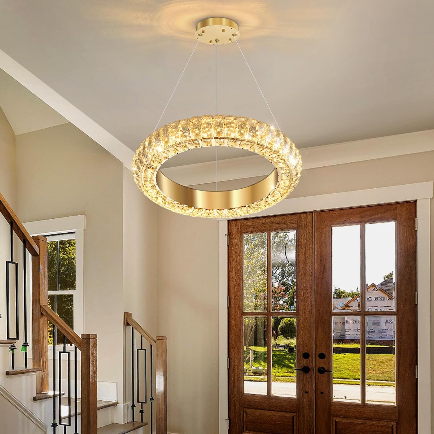 Modern Gold Crystal Ring LED Pendant Light Adjustable Round Chandelier 15.7