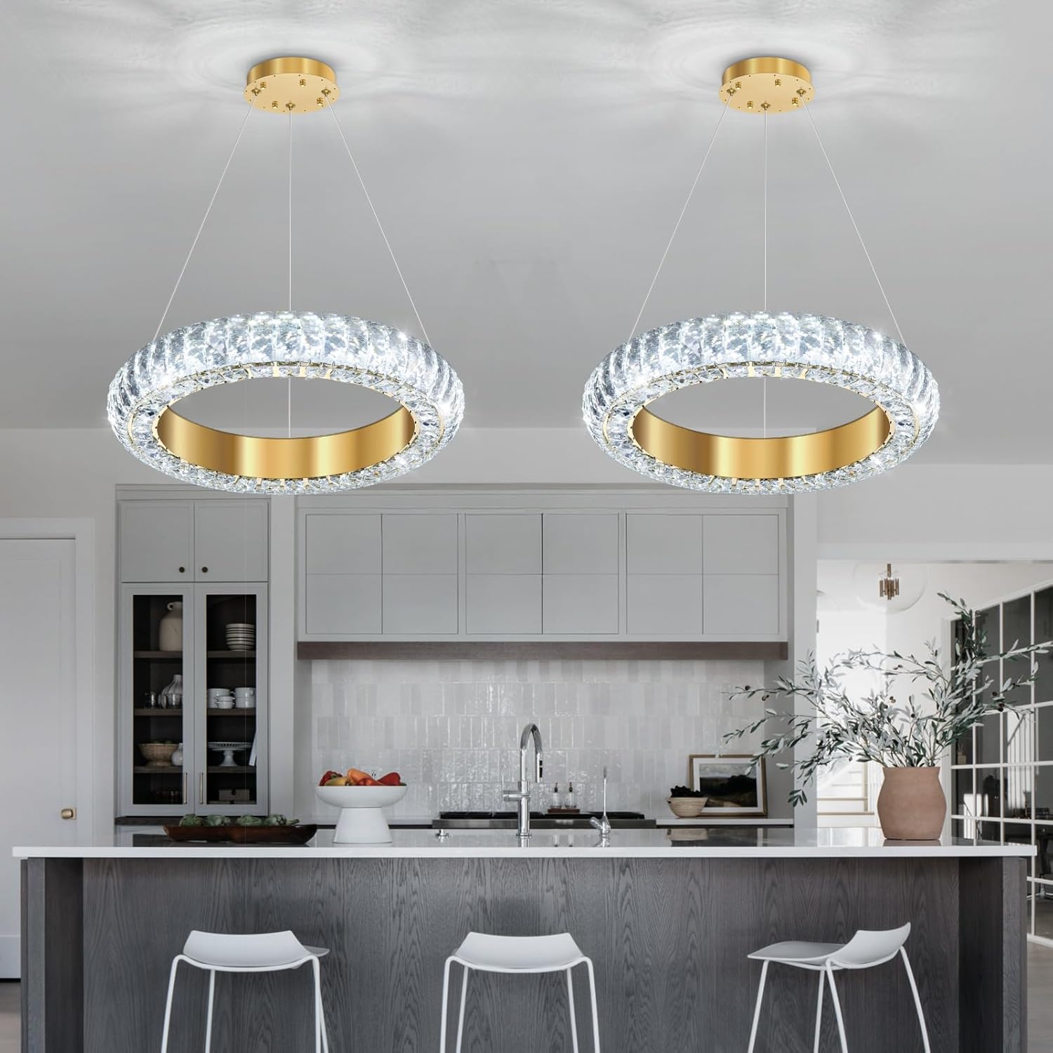 Modern Gold Crystal Ring LED Pendant Light Adjustable Round Chandelier 15.7