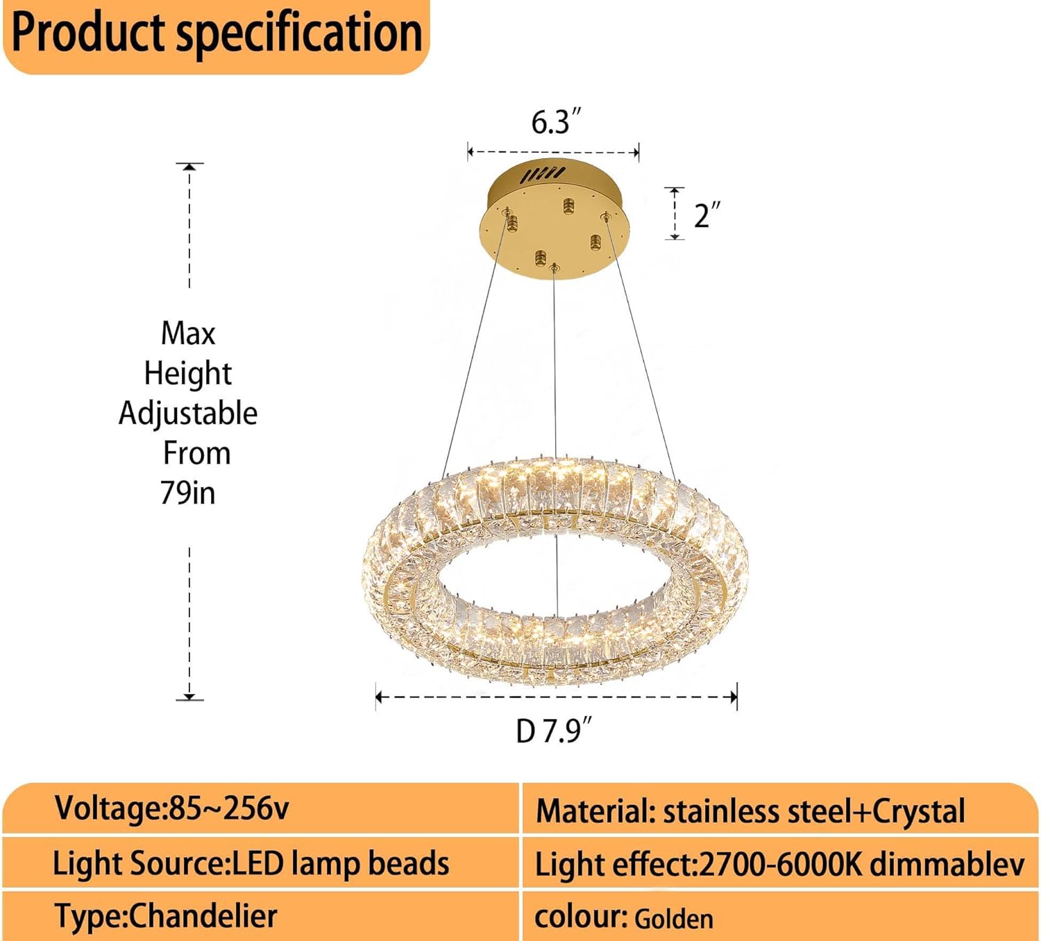 Modern Gold Crystal Chandelier LED Ring Pendant Light for Dining Living Room