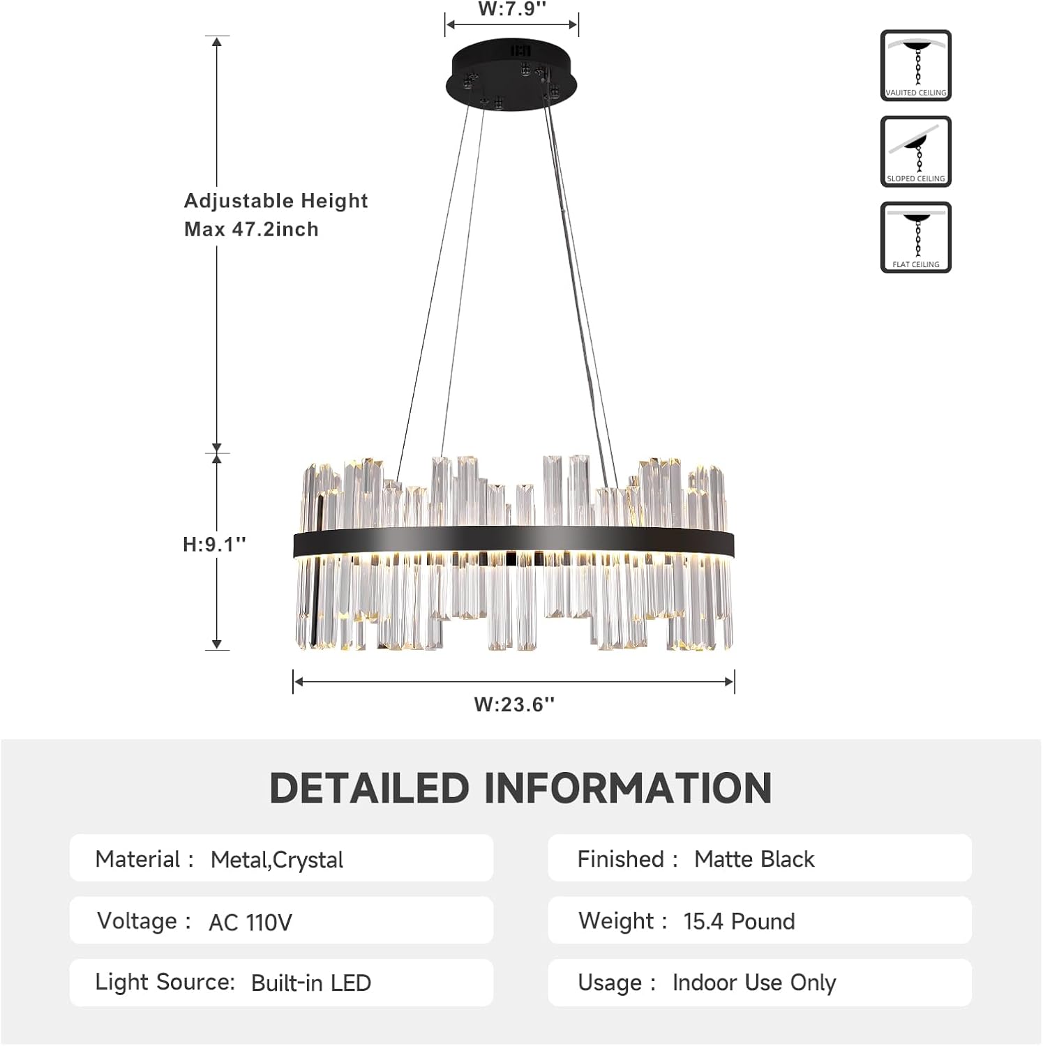 Modern Black Crystal Chandelier with Built-in LED – 23.6