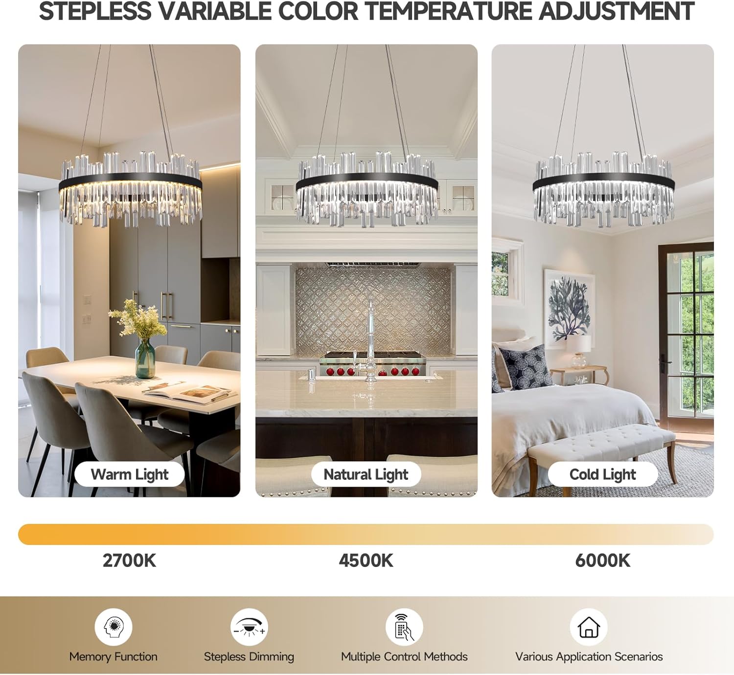 Modern Black Crystal Chandelier with Built-in LED – 23.6