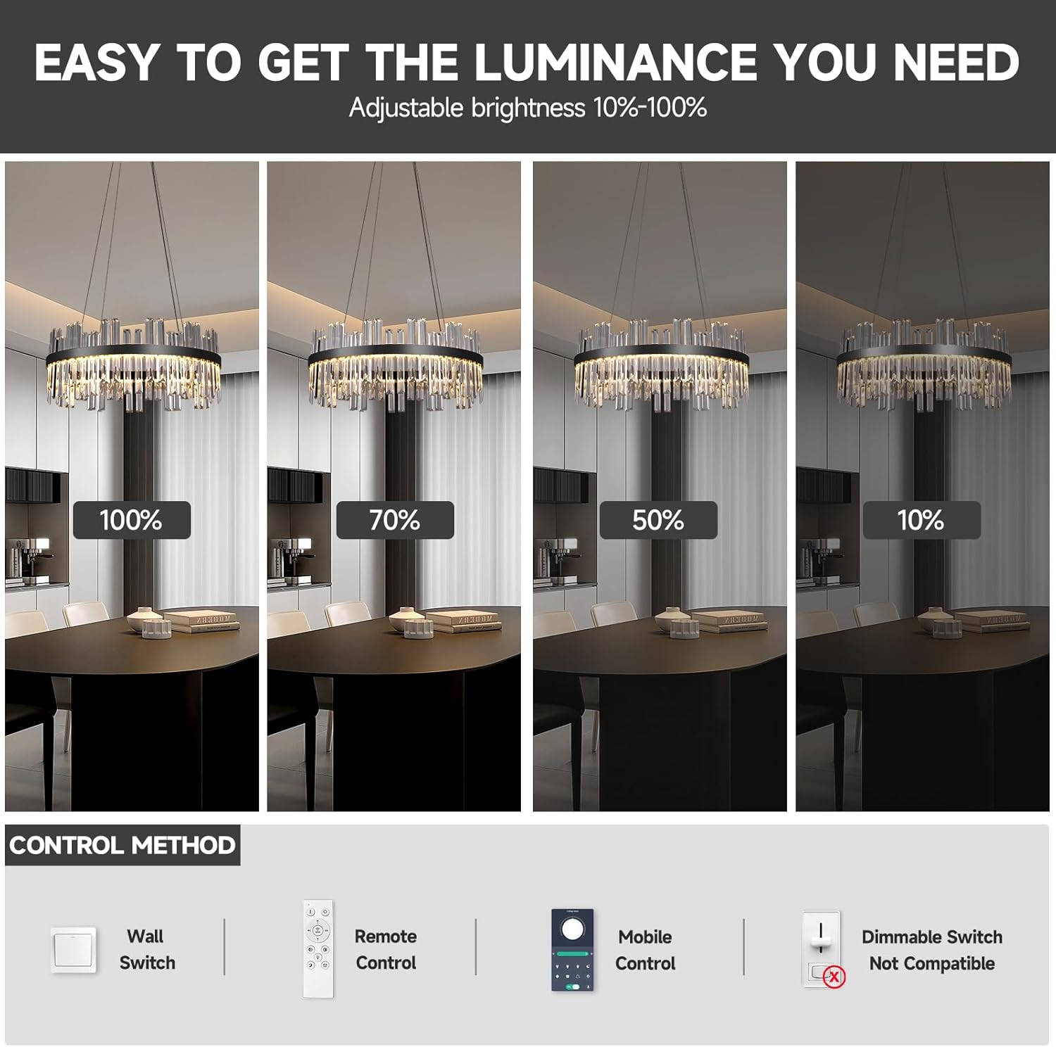 Modern Black Crystal Chandelier with Built-in LED – 23.6
