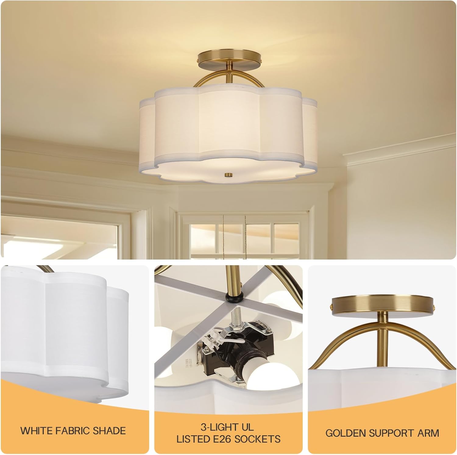 Modern Gold Semi Flush Mount Ceiling Light 3-Light Fabric Shade Drum Fixture