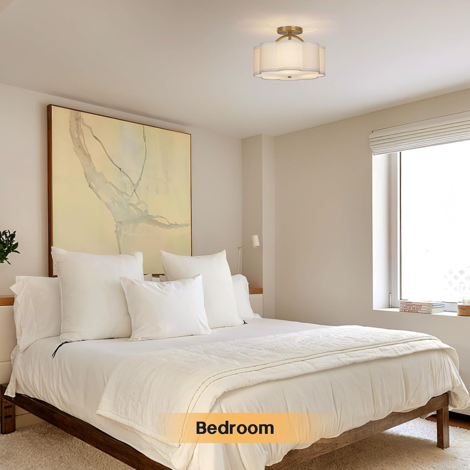 Modern Gold Semi Flush Mount Ceiling Light 3-Light Fabric Shade Drum Fixture