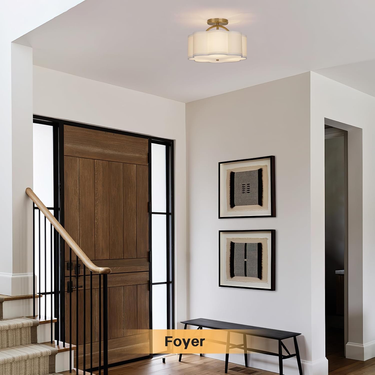 Modern Gold Semi Flush Mount Ceiling Light 3-Light Fabric Shade Drum Fixture