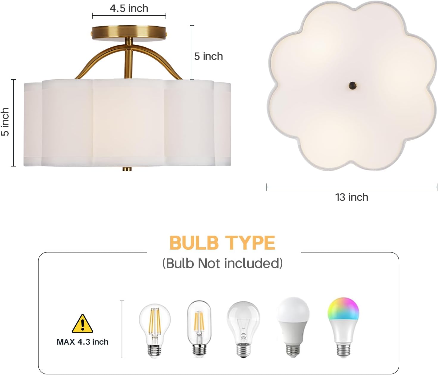 Modern Gold Semi Flush Mount Ceiling Light 3-Light Fabric Shade Drum Fixture