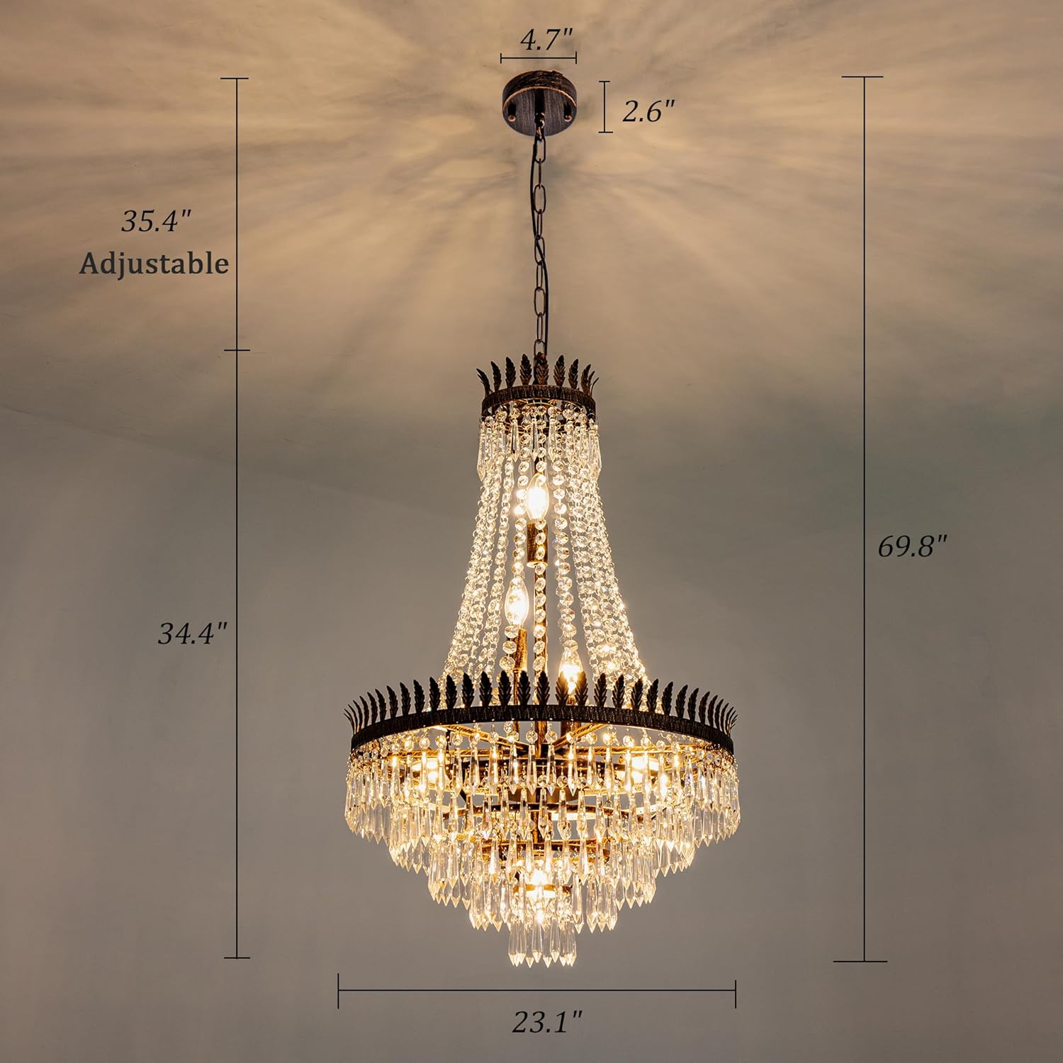 Luxury Vintage Crystal Chandelier – Large Dimmable LED Pendant Light with Adjustable Height for Living Room, Villa, or Hotel Lobby