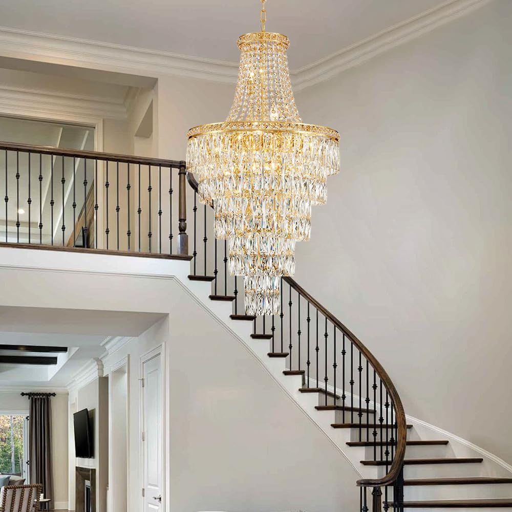 Large Gold Crystal Chandelier - 55cm Wide Tiered Grand Staircase Pendant with 13 Lights