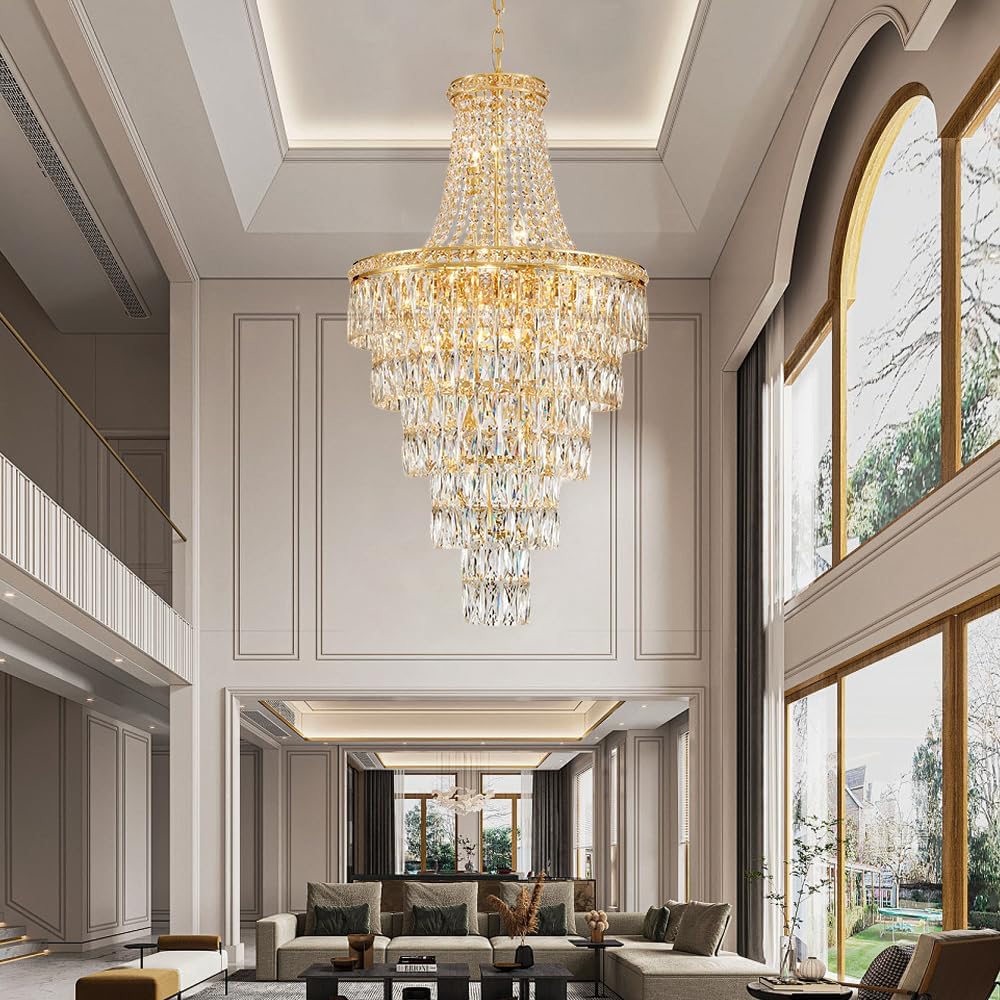 Large Gold Crystal Chandelier - 55cm Wide Tiered Grand Staircase Pendant with 13 Lights