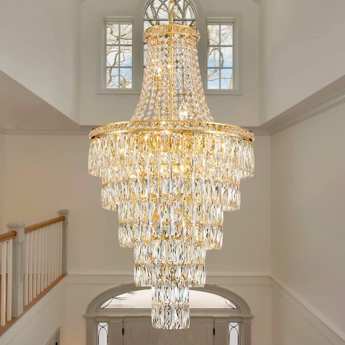Large Gold Crystal Chandelier - 55cm Wide Tiered Grand Staircase Pendant with 13 Lights