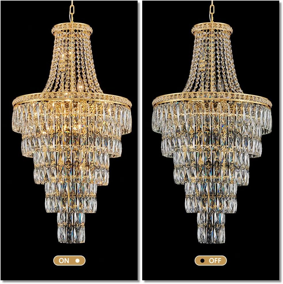 Large Gold Crystal Chandelier - 55cm Wide Tiered Grand Staircase Pendant with 13 Lights