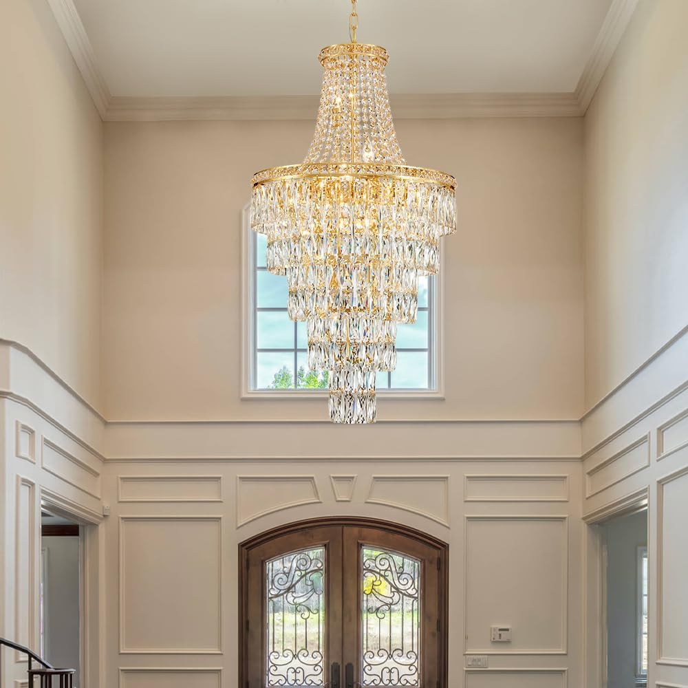 Large Gold Crystal Chandelier - 55cm Wide Tiered Grand Staircase Pendant with 13 Lights