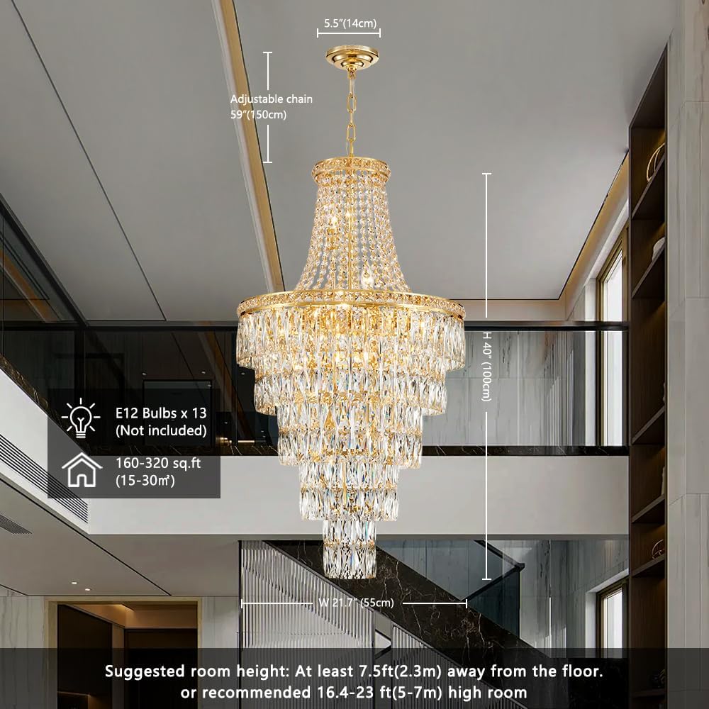 Large Gold Crystal Chandelier - 55cm Wide Tiered Grand Staircase Pendant with 13 Lights