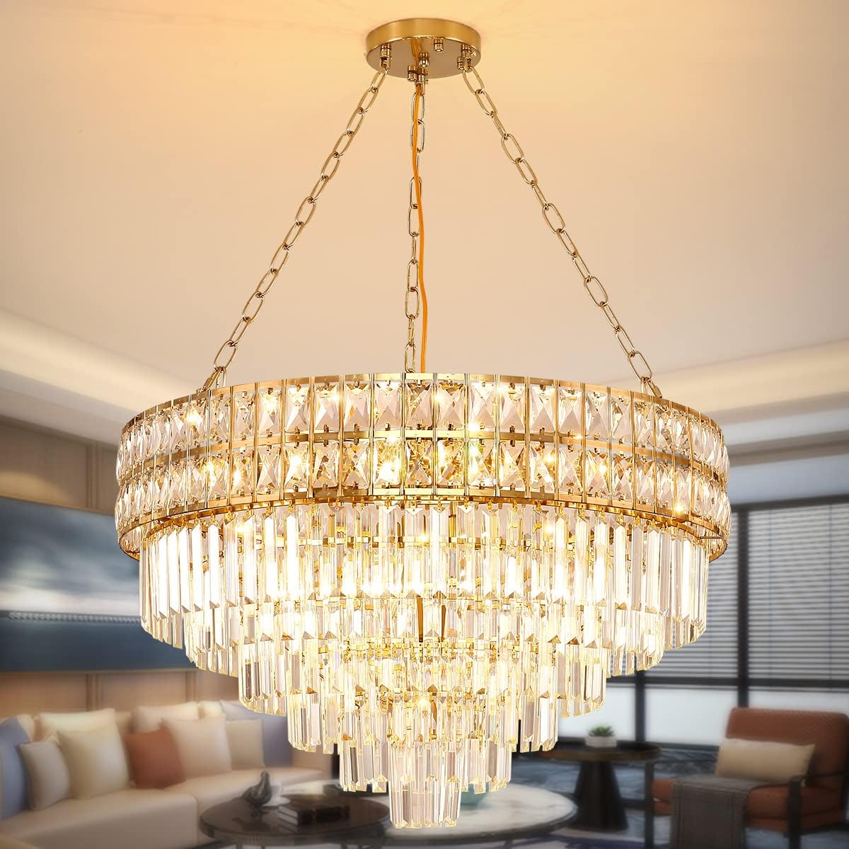 Large Luxury Gold Multi-Tier Crystal Chandelier Round Adjustable LED Ceiling Pendant Light
