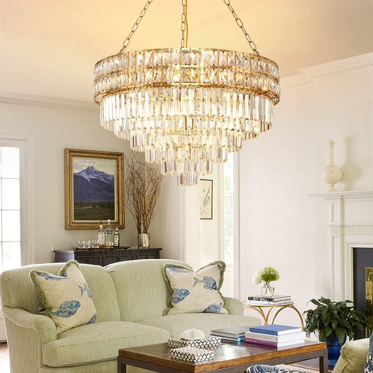 Large Luxury Gold Multi-Tier Crystal Chandelier Round Adjustable LED Ceiling Pendant Light