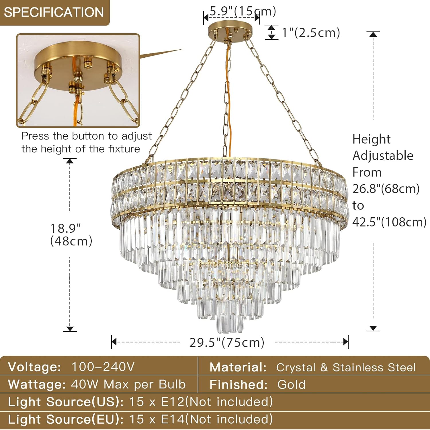 Large Luxury Gold Multi-Tier Crystal Chandelier Round Adjustable LED Ceiling Pendant Light