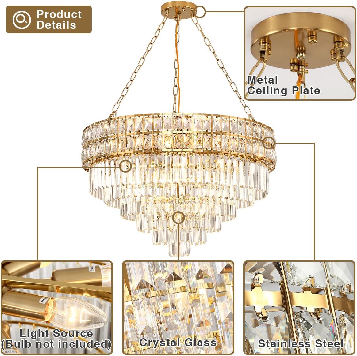 Large Luxury Gold Multi-Tier Crystal Chandelier Round Adjustable LED Ceiling Pendant Light