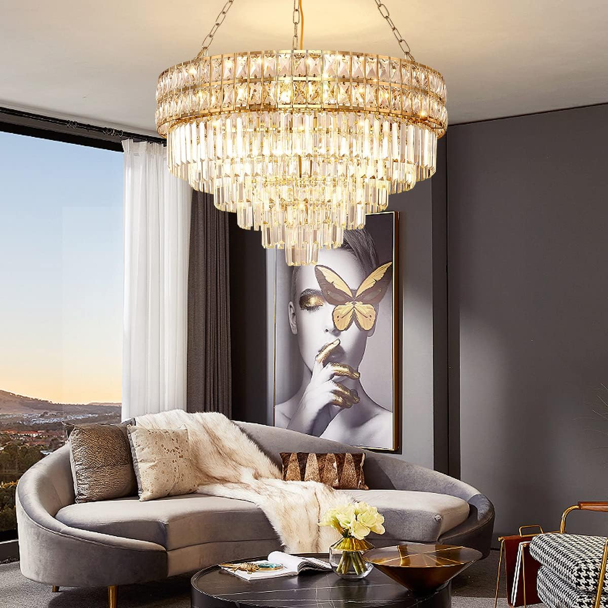 Large Luxury Gold Multi-Tier Crystal Chandelier Round Adjustable LED Ceiling Pendant Light