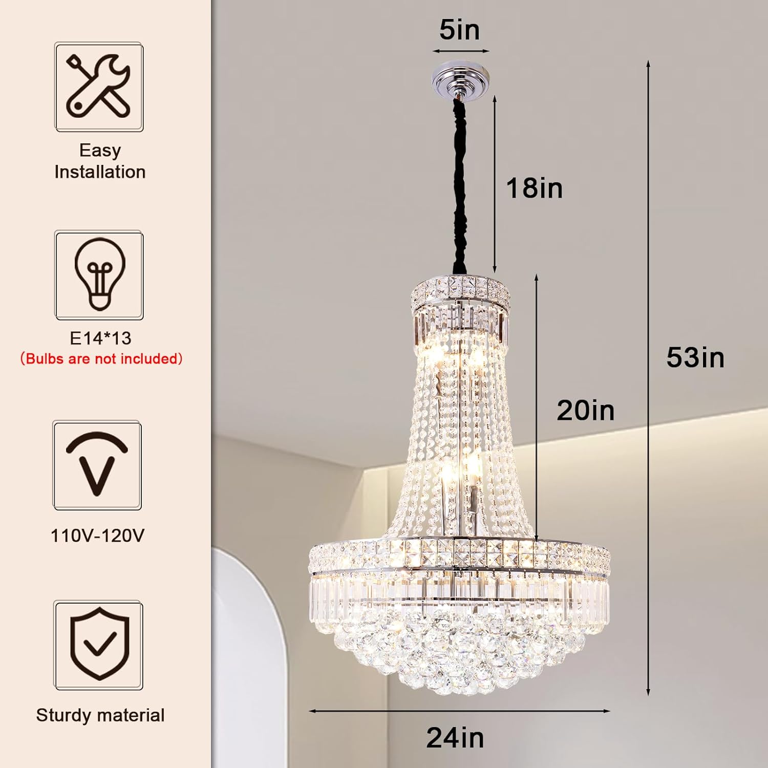 Luxury Crystal Chandelier Pendant Light - 24in Large Round Tiered Design with Adjustable Height
