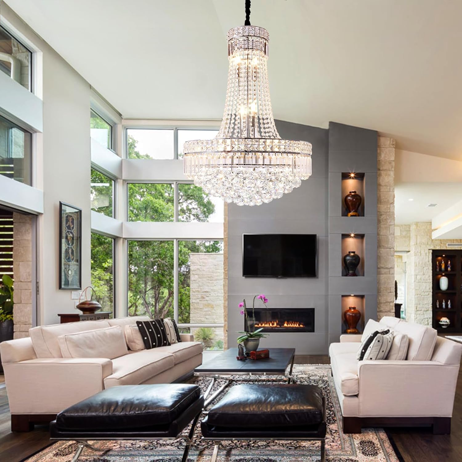 Luxury Crystal Chandelier Pendant Light - 24in Large Round Tiered Design with Adjustable Height