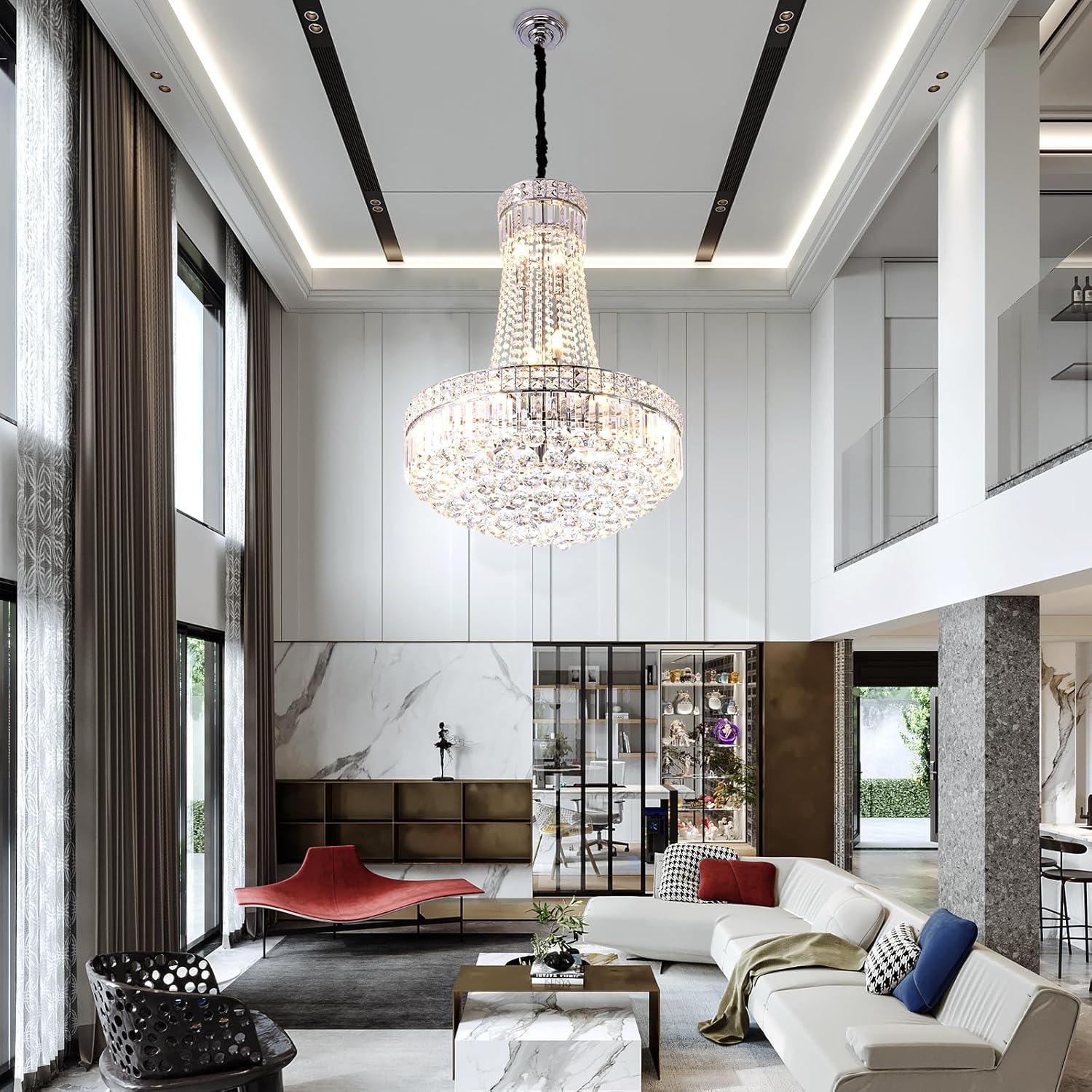 Luxury Crystal Chandelier Pendant Light - 24in Large Round Tiered Design with Adjustable Height