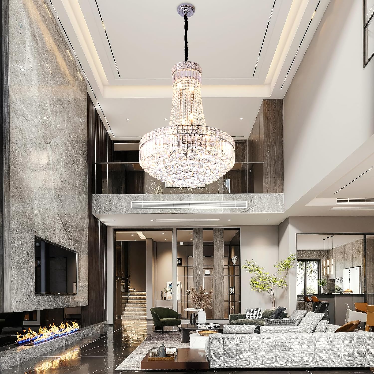 Luxury Crystal Chandelier Pendant Light - 24in Large Round Tiered Design with Adjustable Height