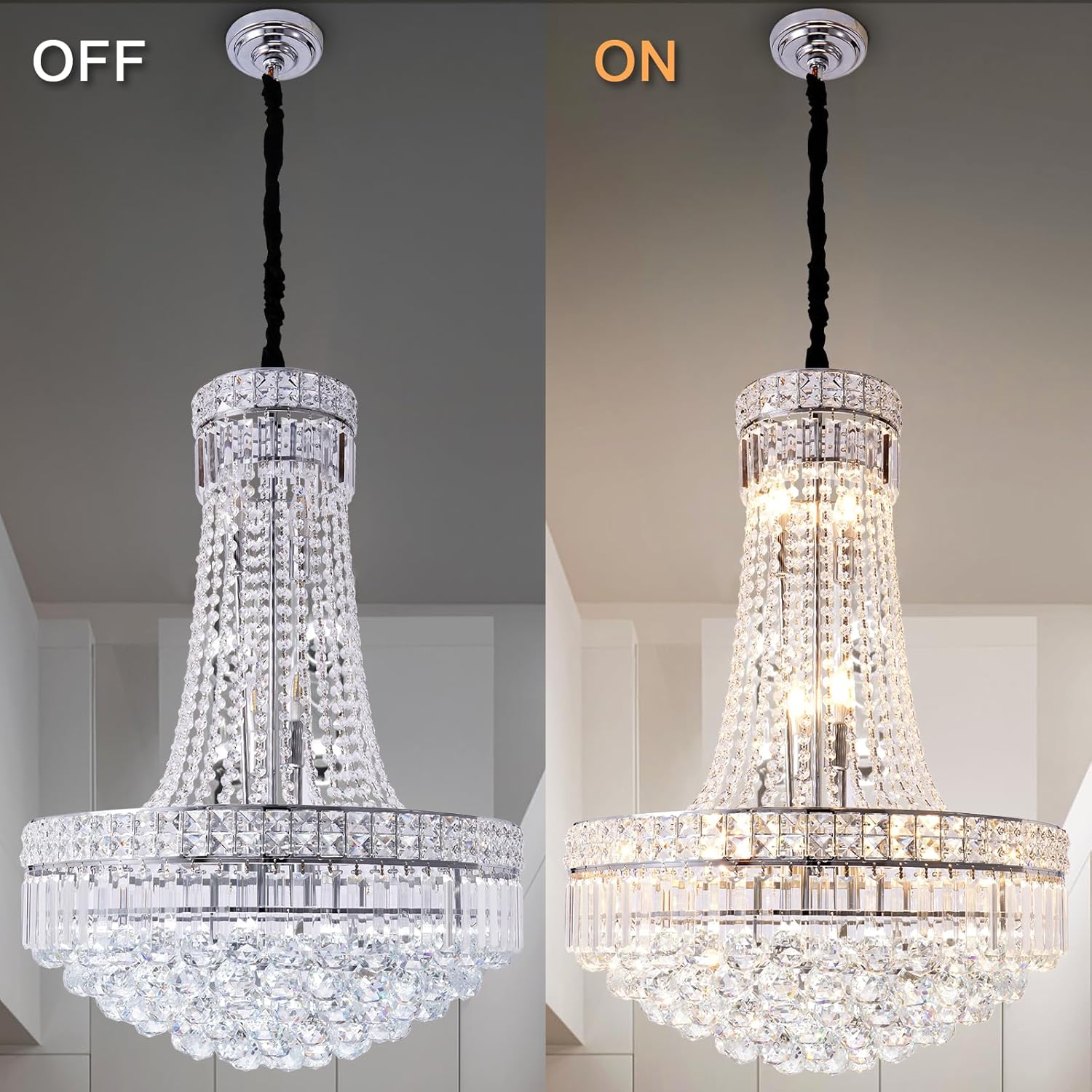 Luxury Crystal Chandelier Pendant Light - 24in Large Round Tiered Design with Adjustable Height