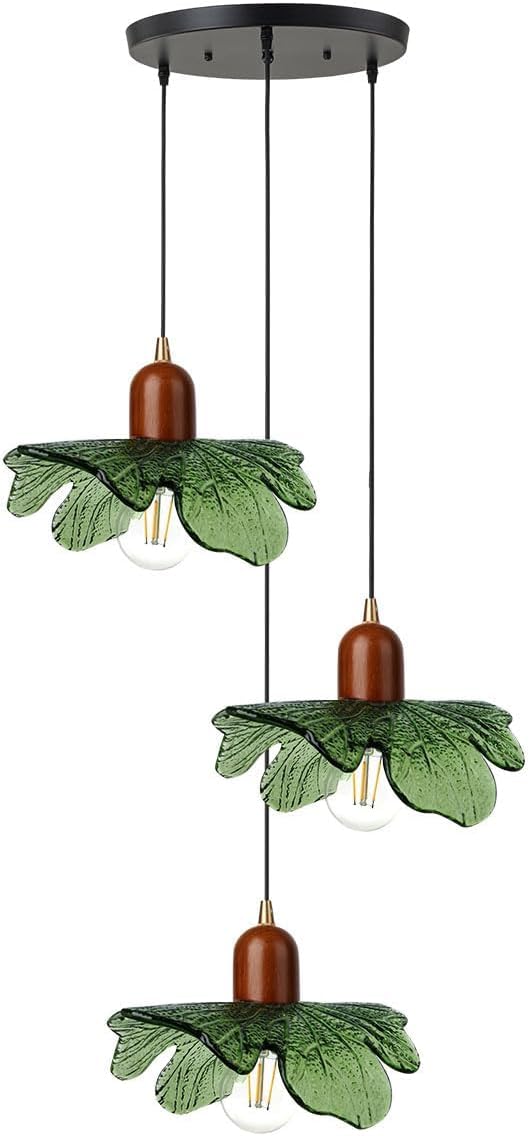 Modern Green Leaf 3-Light Cluster Pendant Chandelier – Solid Wood & Glass Adjustable Ceiling Light