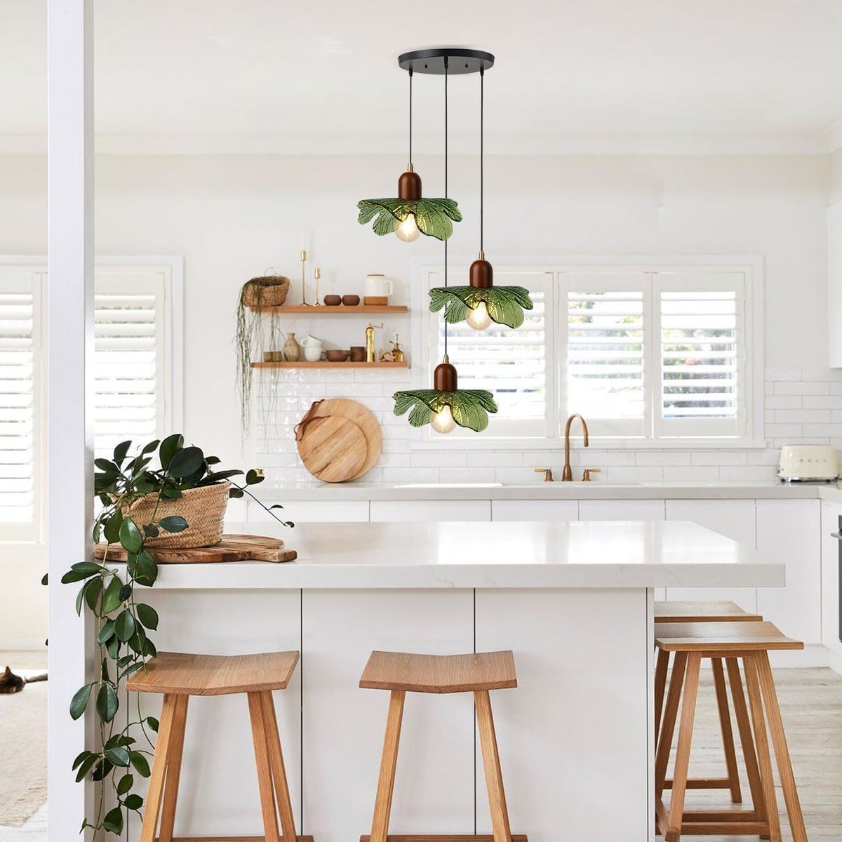 Modern Green Leaf 3-Light Cluster Pendant Chandelier – Solid Wood & Glass Adjustable Ceiling Light
