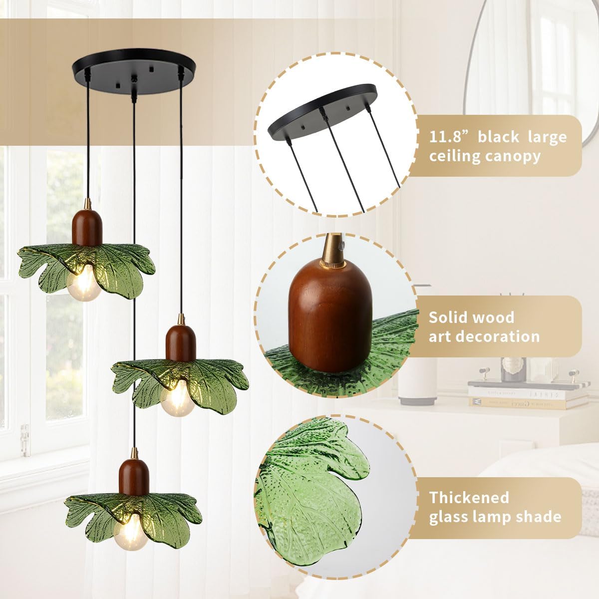Modern Green Leaf 3-Light Cluster Pendant Chandelier – Solid Wood & Glass Adjustable Ceiling Light