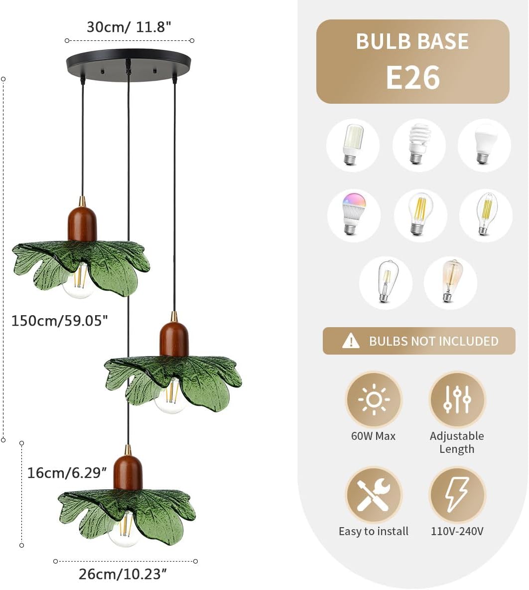 Modern Green Leaf 3-Light Cluster Pendant Chandelier – Solid Wood & Glass Adjustable Ceiling Light