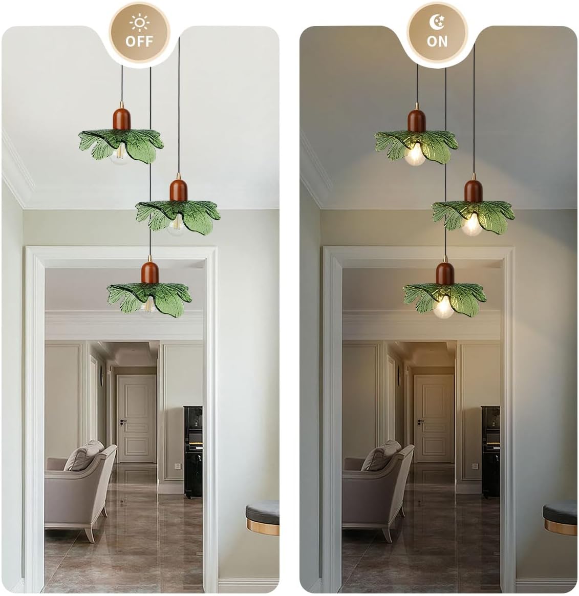 Modern Green Leaf 3-Light Cluster Pendant Chandelier – Solid Wood & Glass Adjustable Ceiling Light