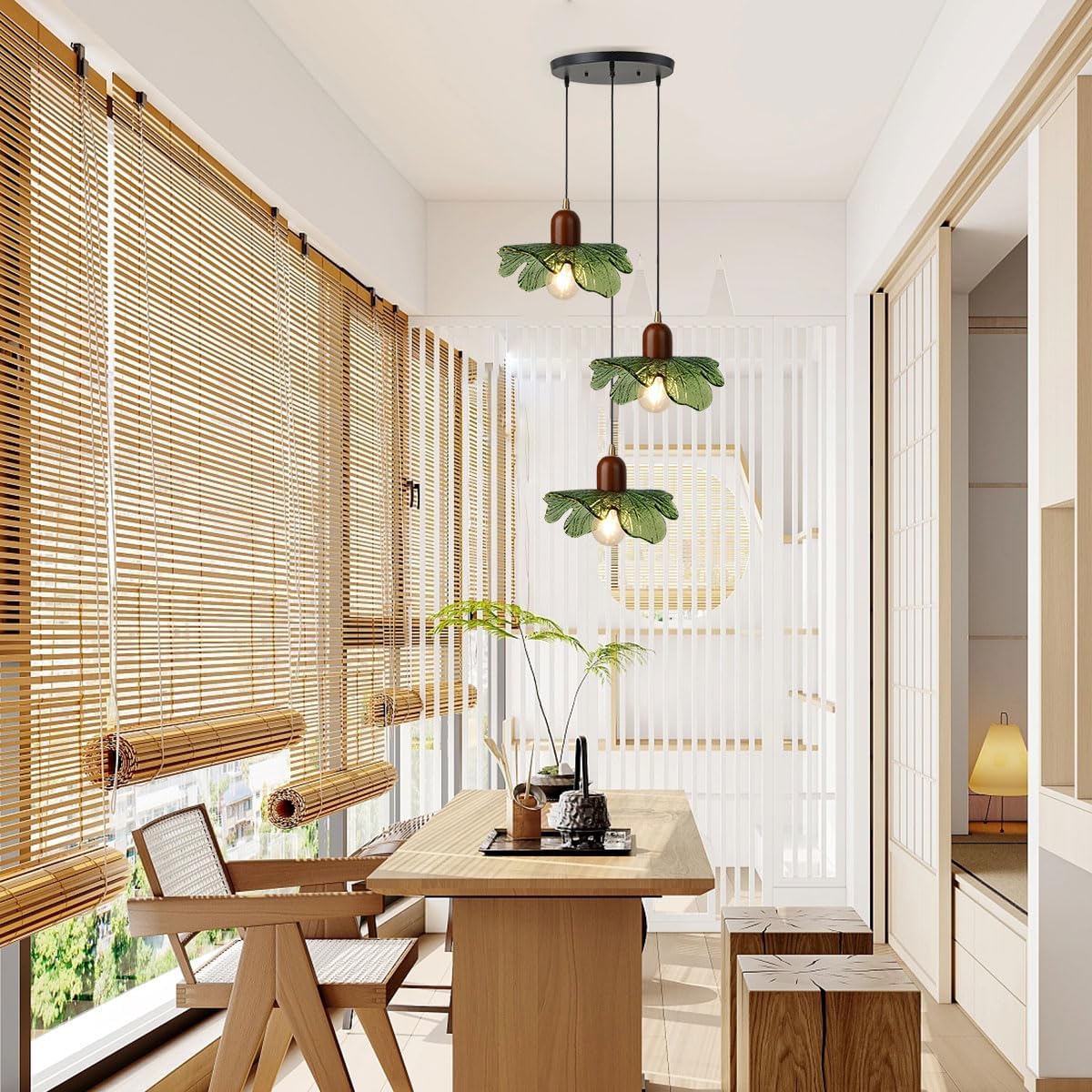 Modern Green Leaf 3-Light Cluster Pendant Chandelier – Solid Wood & Glass Adjustable Ceiling Light