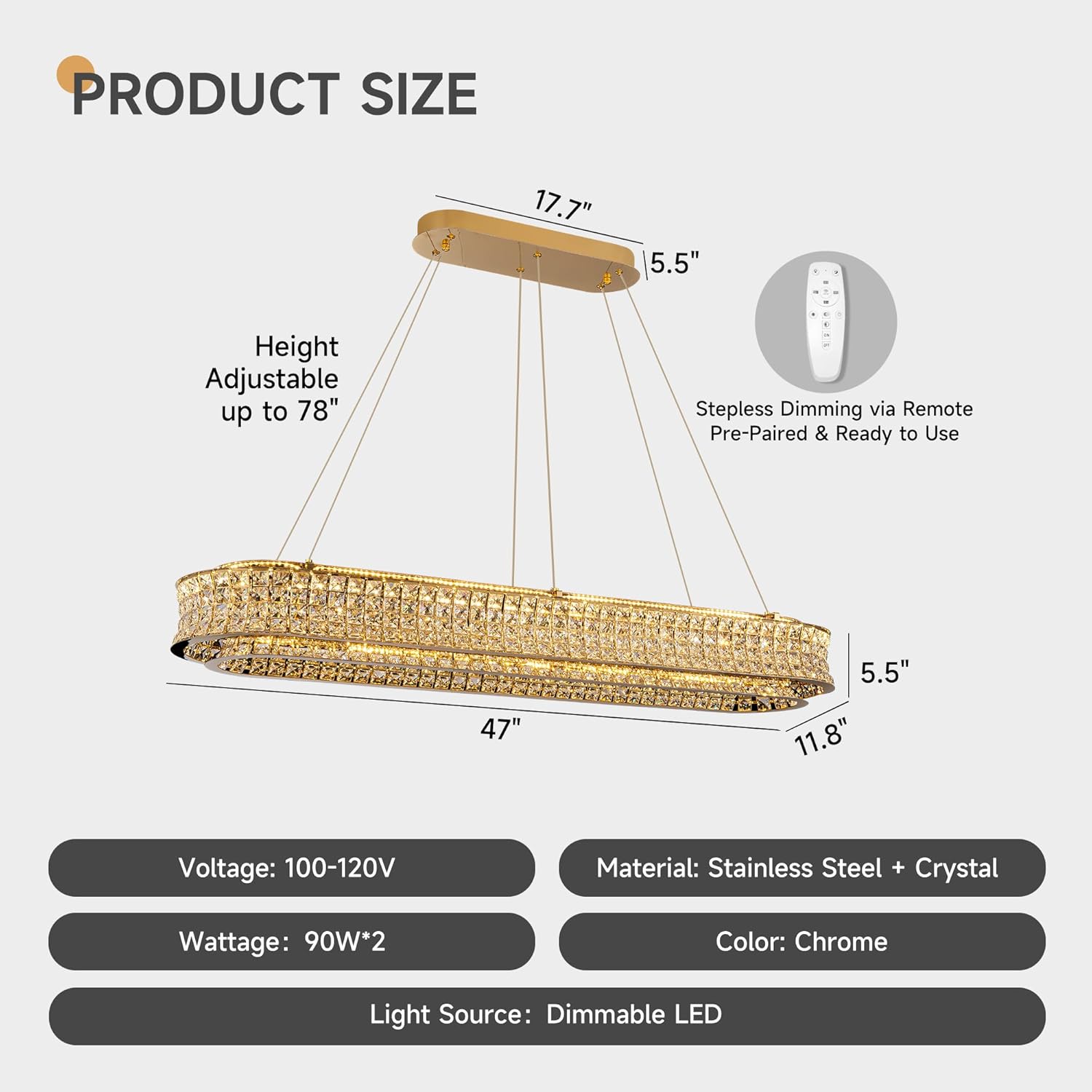 Luxury Gold Crystal Rectangle LED Chandelier with Adjustable Height and Remote Dimming