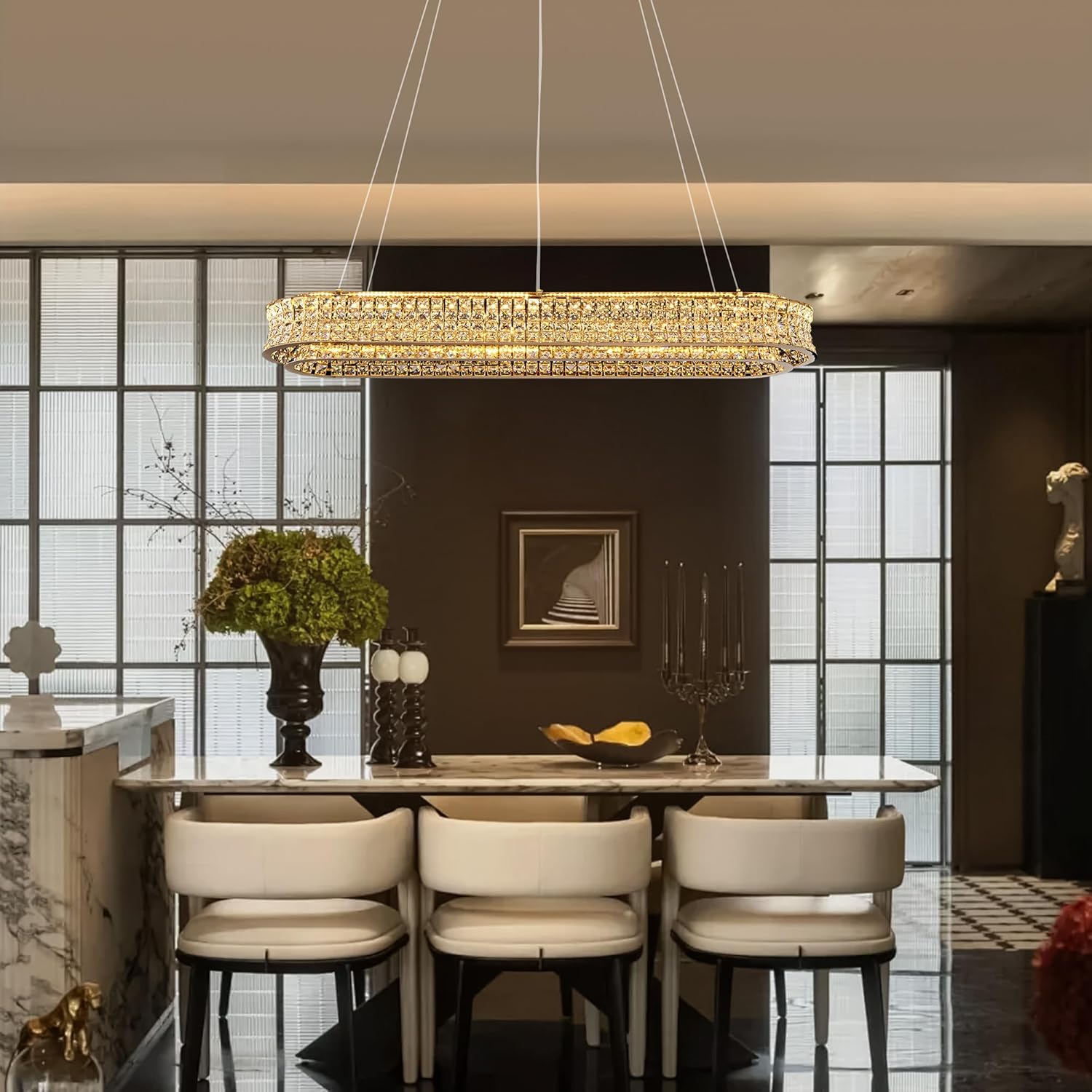 Luxury Gold Crystal Rectangle LED Chandelier with Adjustable Height and Remote Dimming